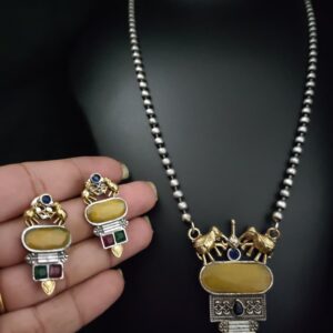 Silver look long chain with pendent and Earrings brass material with Monalisa stone yellow