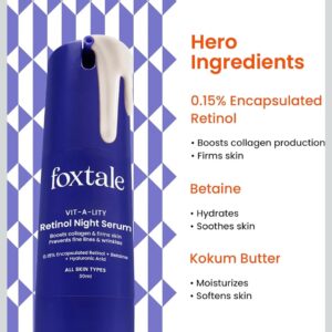 Foxtale 0.15% Beginner Friendly Retinol Night Serum | Anti-Aging Night Cream | Reduces Fine Lines and Wrinkles | No Purging | For Younger-looking Skin | Men & Women | All Skin Types - 30 ml