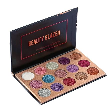 BEAUTY GLAZED Ultra Pigmented Mineral Pressed Glitter Waterproof Make Up Eye Shadow Powder Flash Colours Palette (15 Colours) Shimmery Finish