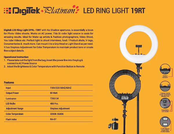 DIGITEK Platinum DPRL-19RT Professional LED Ring Light Runs on AC Power with No Shadow apertures, Ideal use for Makeup, Video Shoot, Fashion Photography & Many More with Tripod Stand. - Image 5