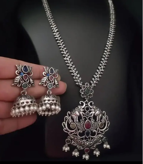 Silver look long necklace with jhumka