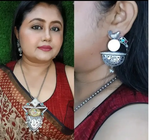 Long Har With Earings Antiquity Silver Polish With Monalisa Stone