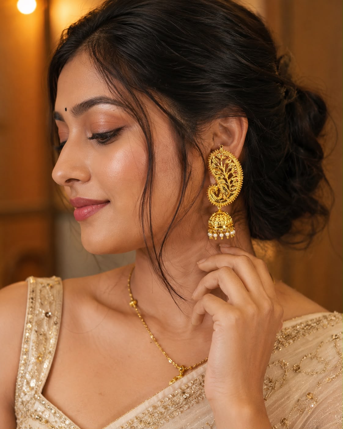 Swarna Mayur Kan with pearl drops jhumka-Earrings