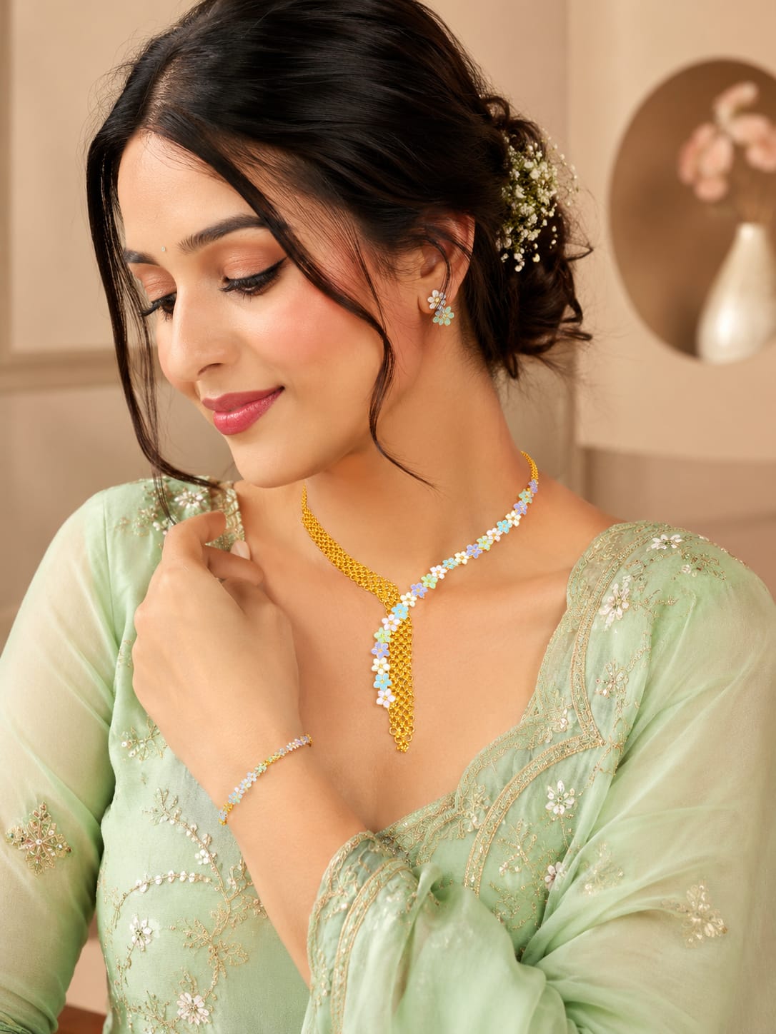 Gold plated (Stylish Minakari Y shape necklace) jewellery set. - Image 4