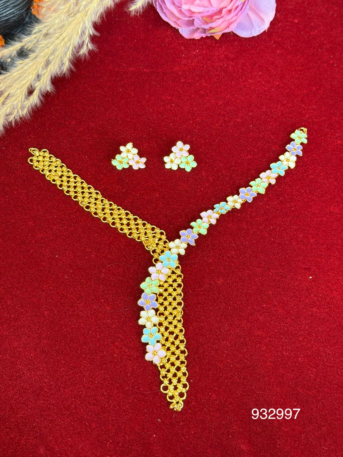 Gold plated (Stylish Minakari Y shape necklace) jewellery set. - Image 2