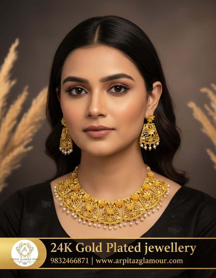 Gold plated (Shabeki necklace- earrings set with pearl) jewellery set.