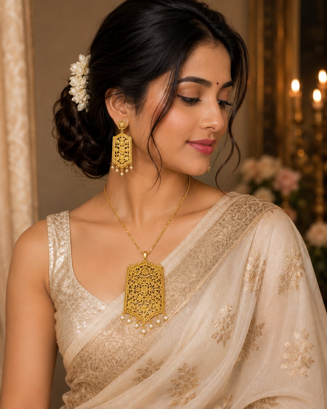 Gold plated (Shabeki pendent-earrings with pearl ) jewellery set.