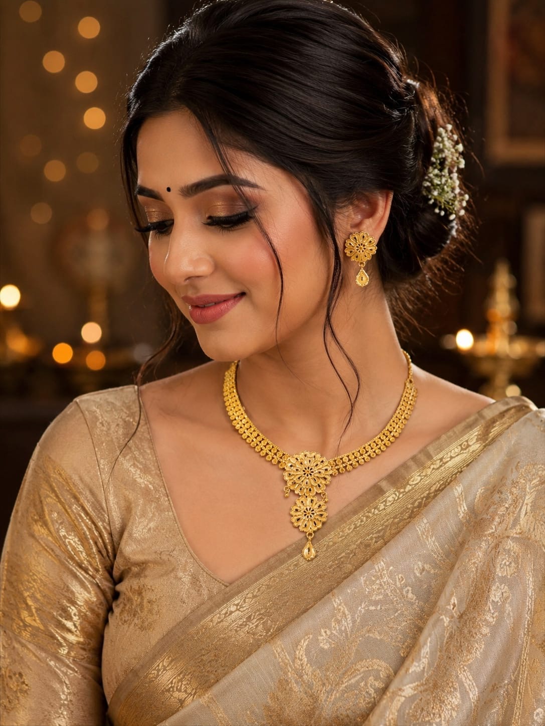 24K Gold Plated flower Necklace with Earrings