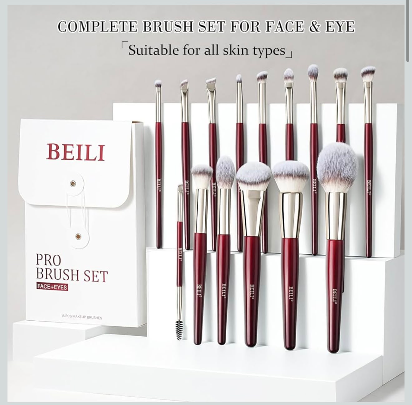 BEILI Makeup Brushes 15Pcs Original Make up Brushes Set Vegan Foundation Concealers Blush Eyeshadow Eyeliner Powder Highlighter Blending Face Brush Set(Red)