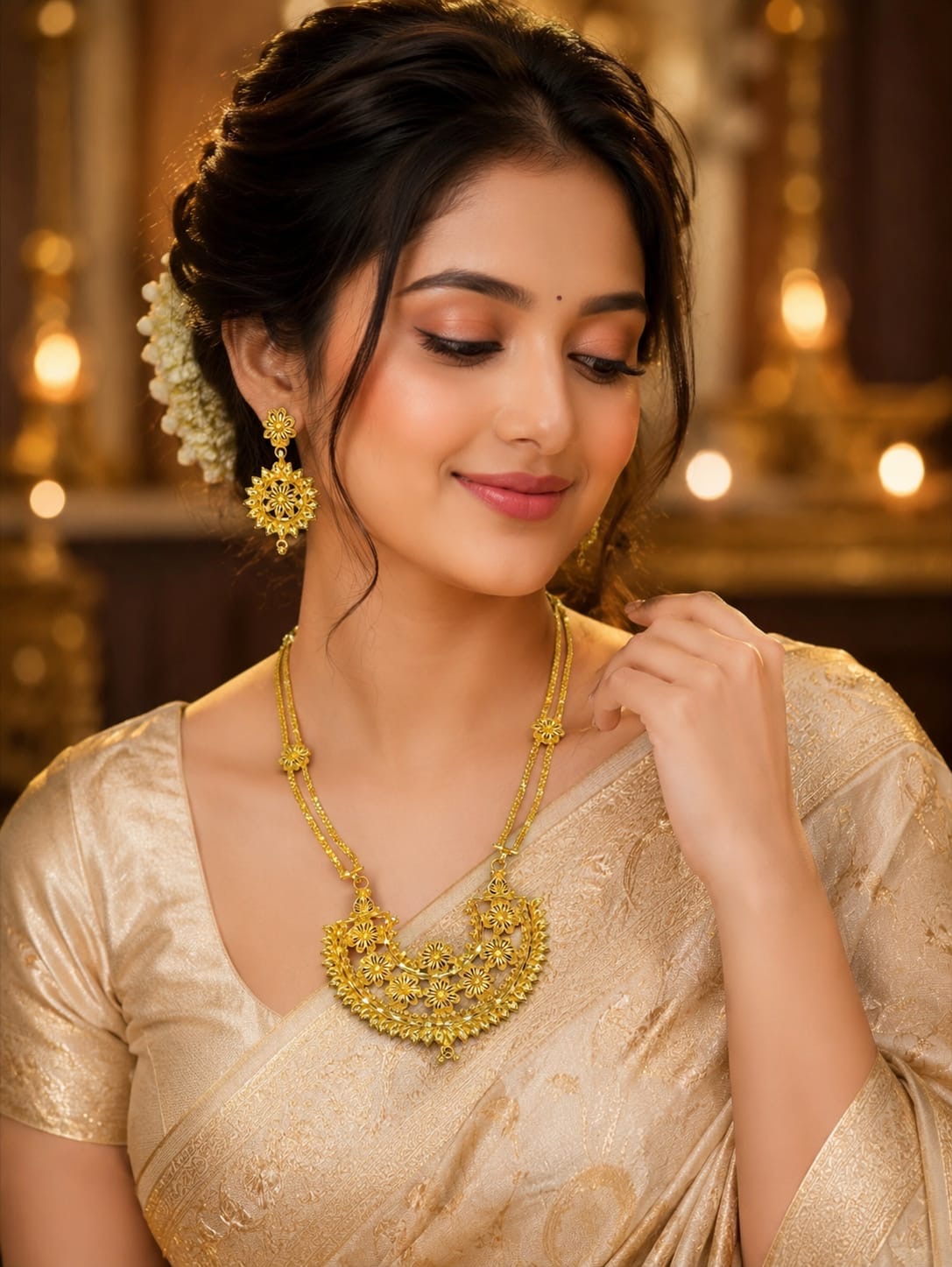 24k Flower Designs Long Har with Earrings