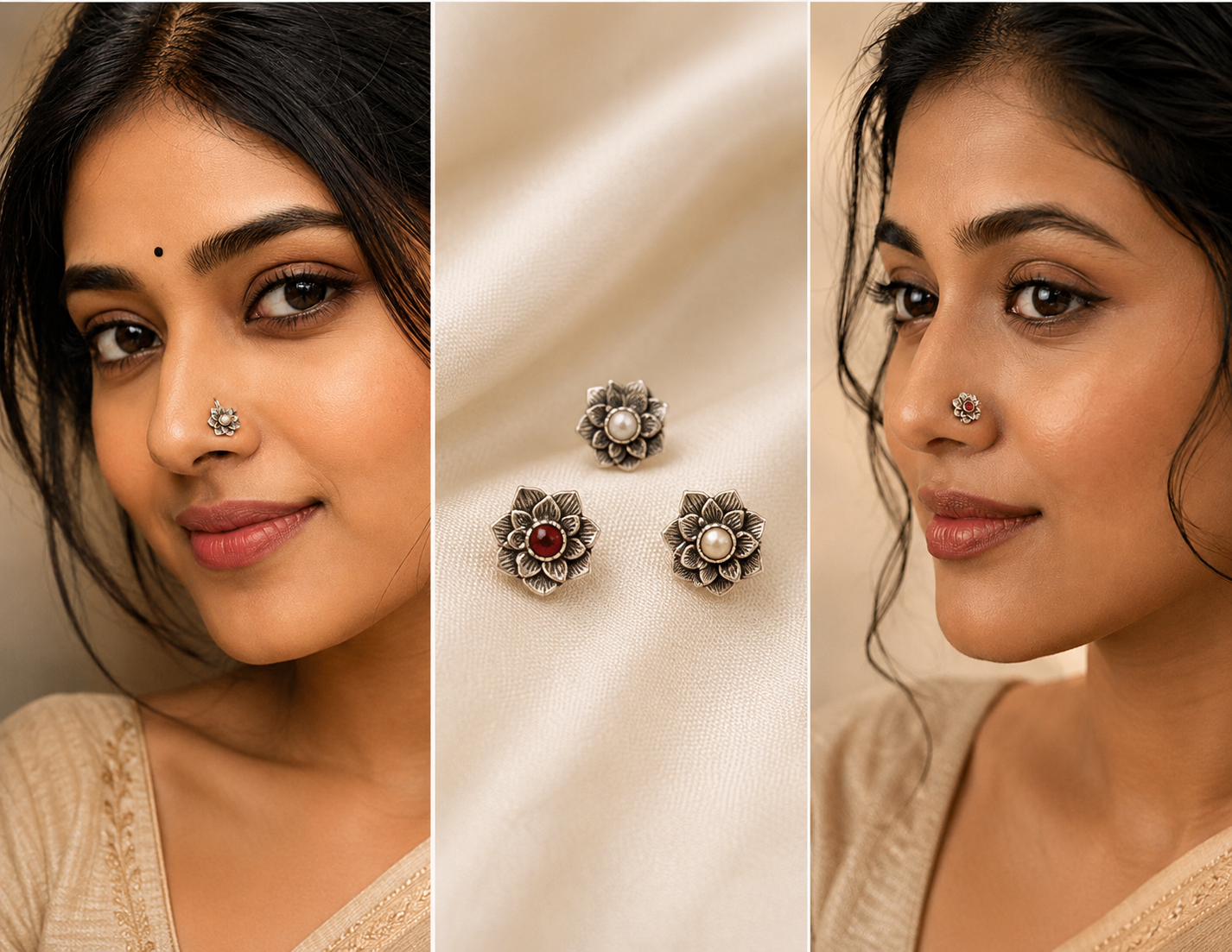 Silver Look Floral Nose Pin | Oxidised Flower Nose Stud for Women
