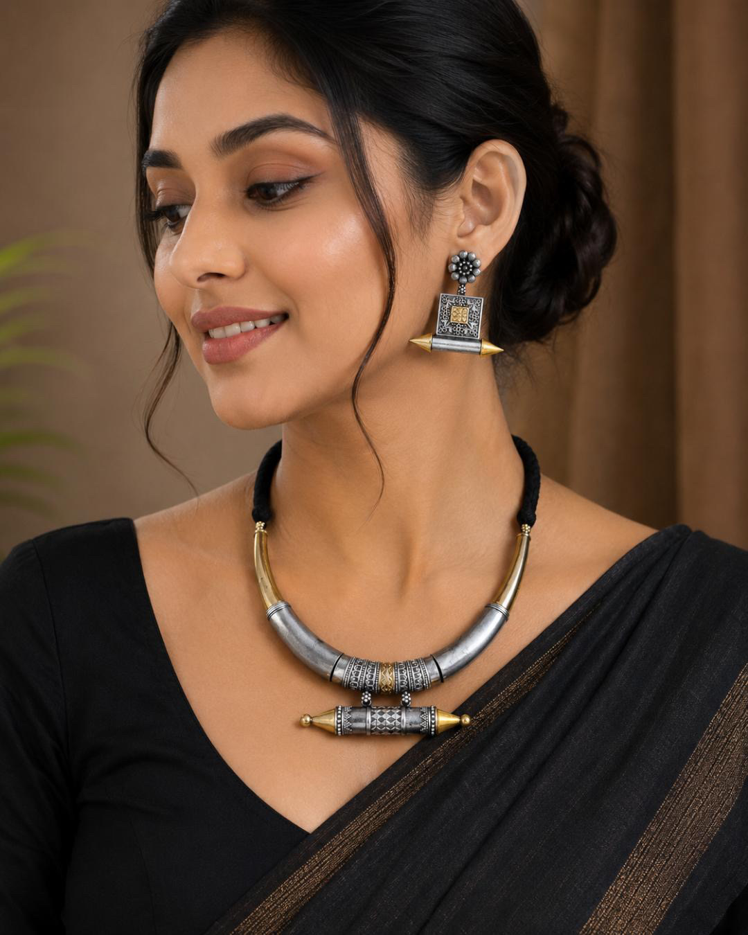 Premium Dual Tone Oxidised Statement Necklace Set with Matching Earrings | Ethnic Party Wear Jewellery