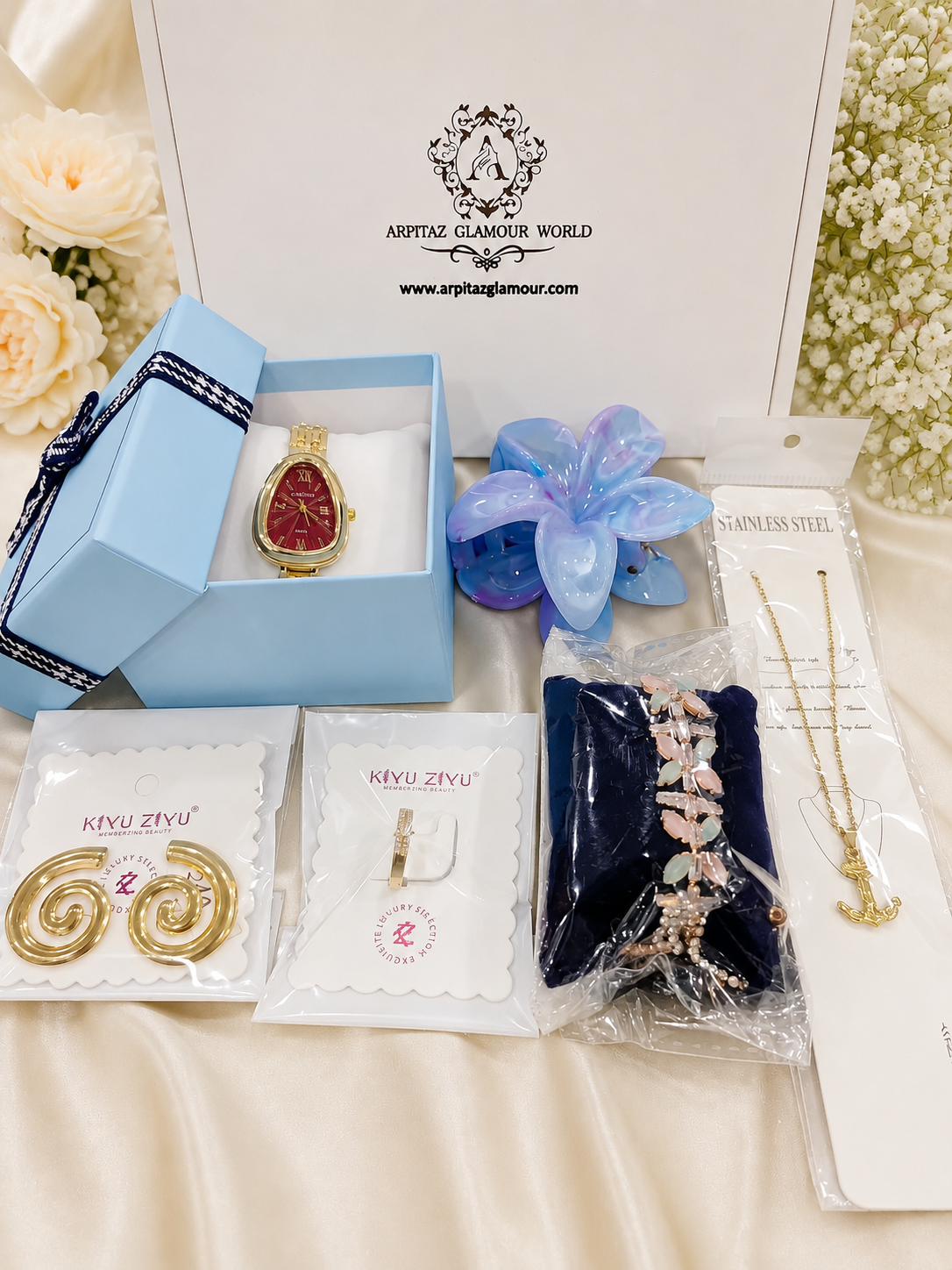 Rakhi Gift Hamper for Sister | Anti Tarnish Jewellery Gift Set with Watch, Bracelet, Earrings, Ring & Chain Pendant