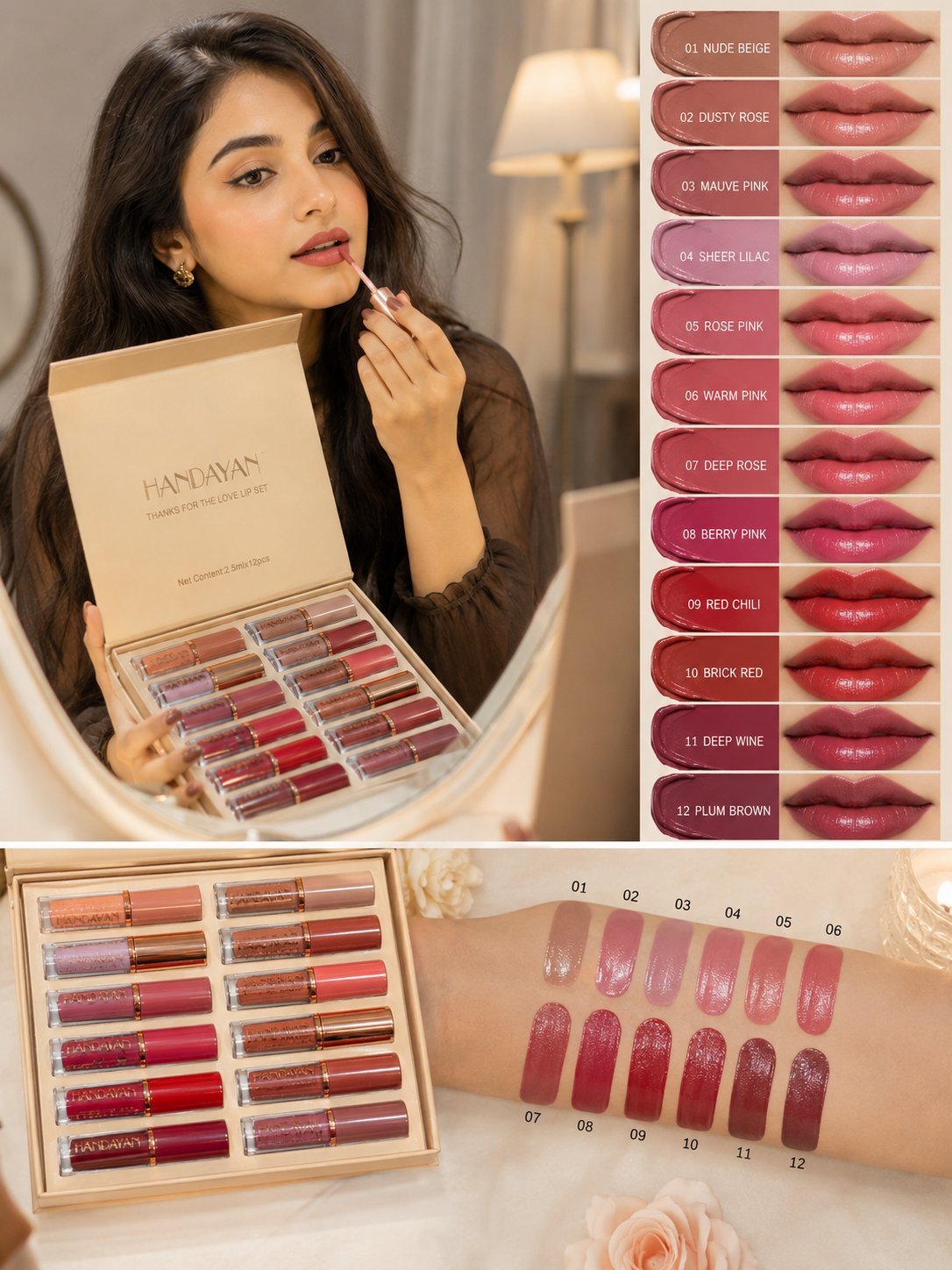 HANDAIYAN 10PC Matte Liquid Lipstick + 2PC Lip Gloss Set | 12 Shades Makeup Collection