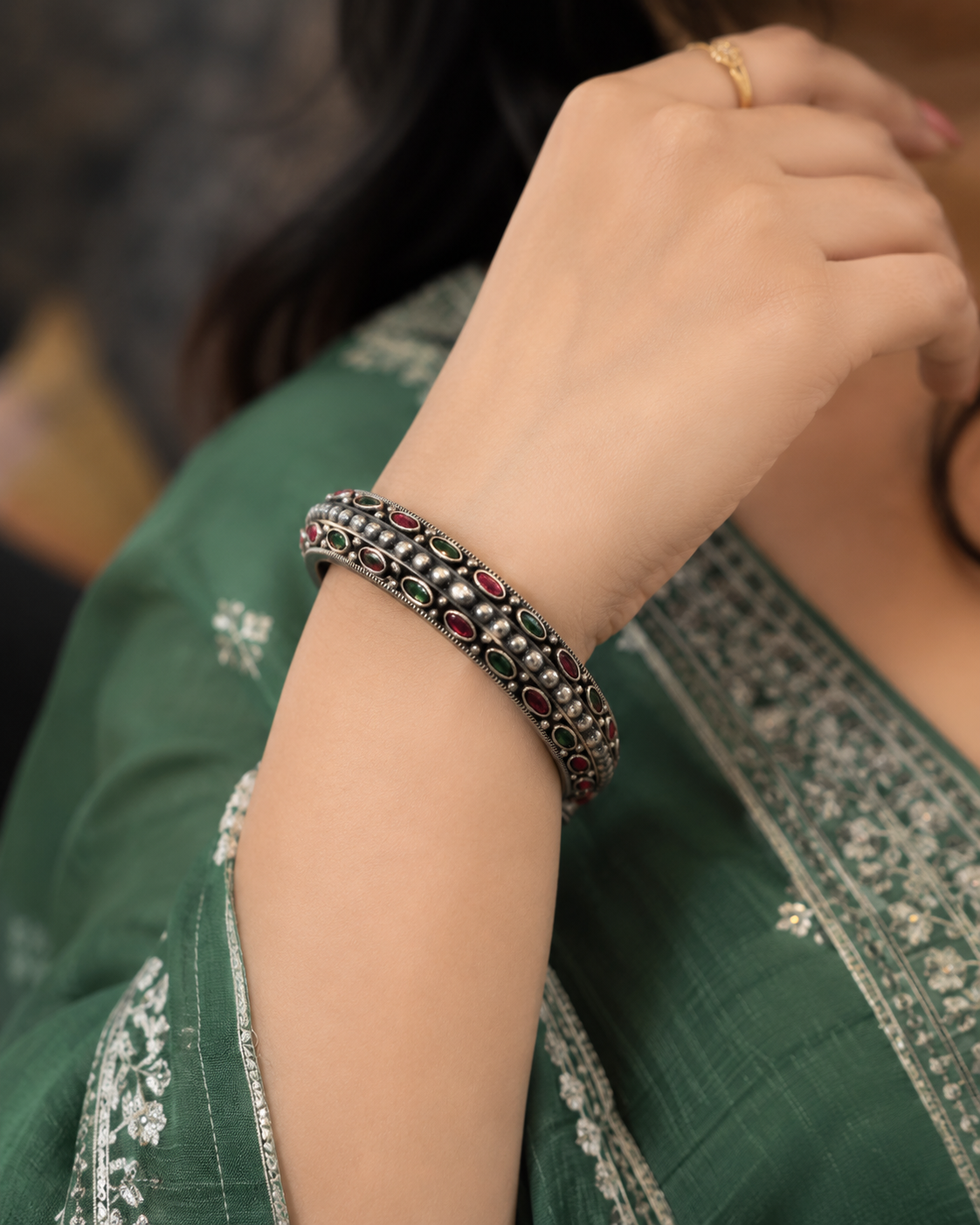 Premium Silver Look Monalisa Stone Bangle for Women | Traditional Party Wear Bracelet