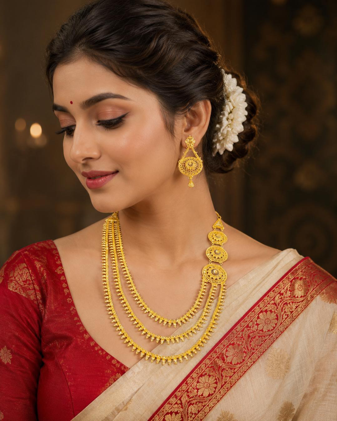 Traditional Gold Look Long Haar Set with Matching Earrings | Bridal Layered Jewellery