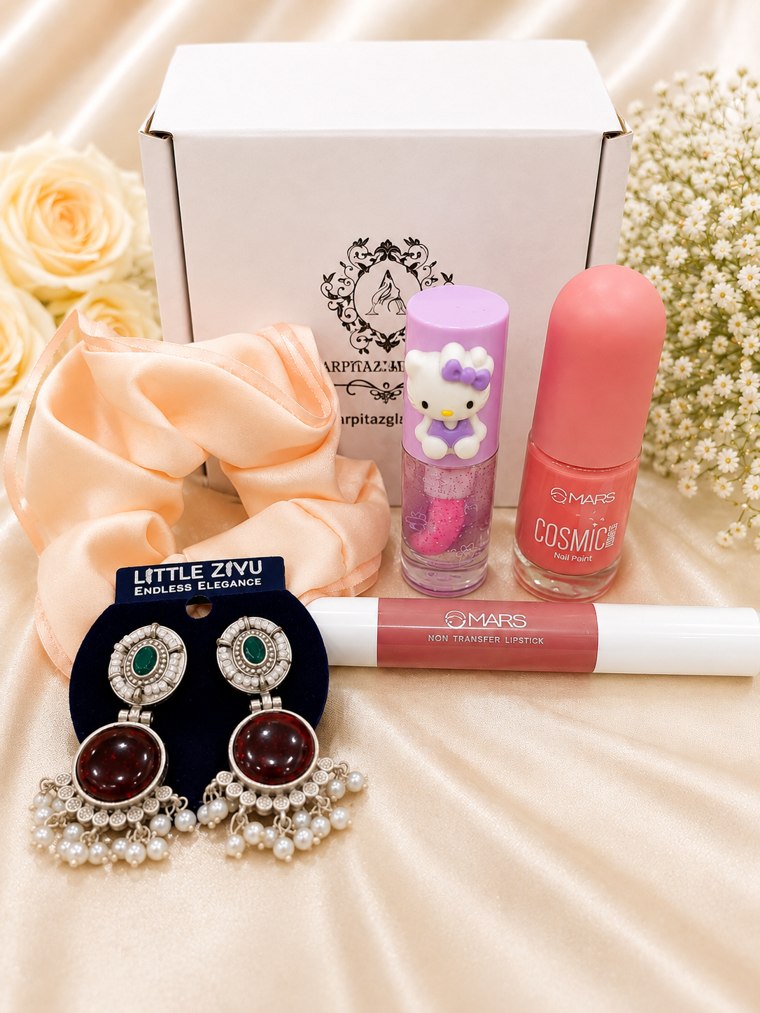 Luxury Beauty & Silver Look Earrings Gift Hamper | MARS Crayon Lipstick, Lip Gloss, Nail Polish & Scrunchie