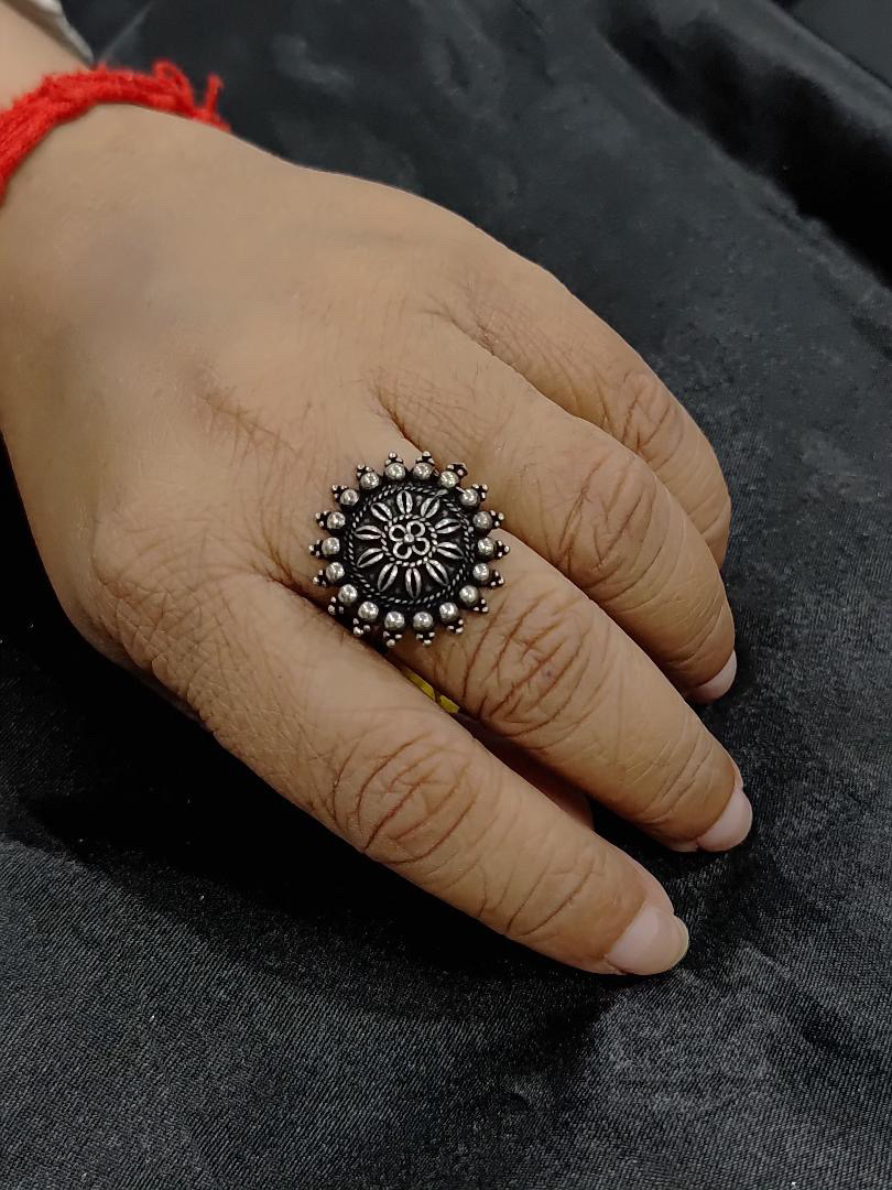 Oxidised Floral Statement Finger Ring | Adjustable Silver Look Ring for Women - Image 2