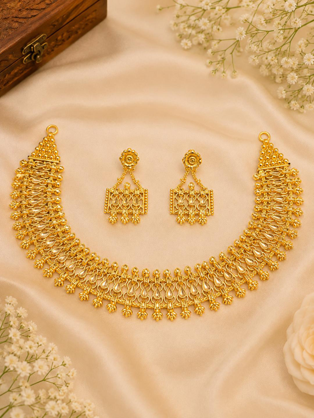 Premium Gold Look Bridal Choker Necklace Set with Matching Earrings | Traditional Statement Jewellery - Image 2