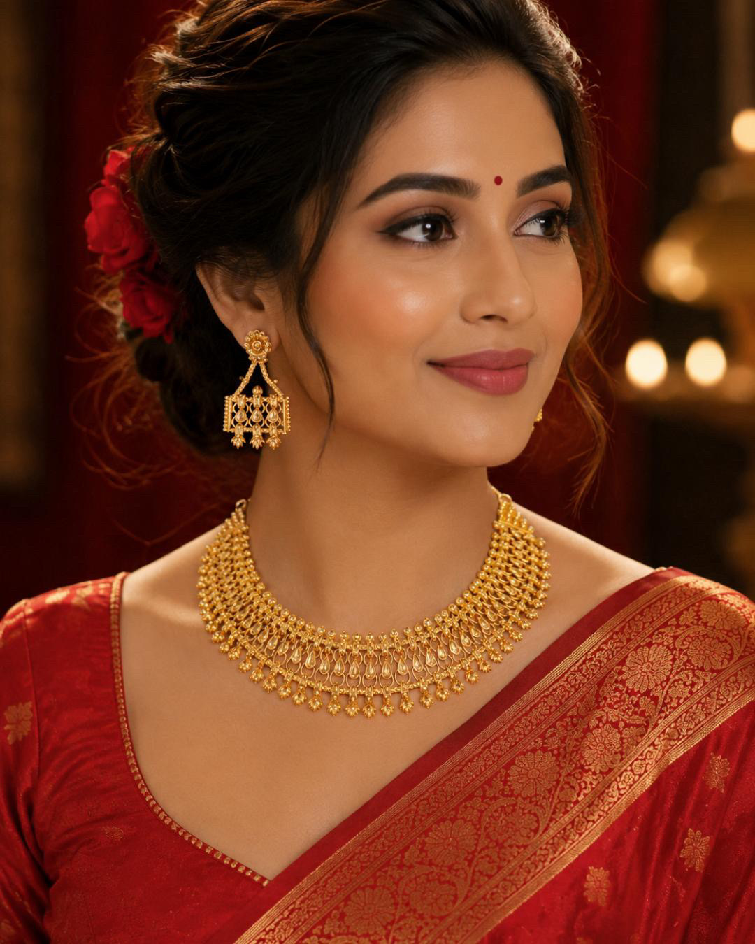 Premium Gold Look Bridal Choker Necklace Set with Matching Earrings | Traditional Statement Jewellery