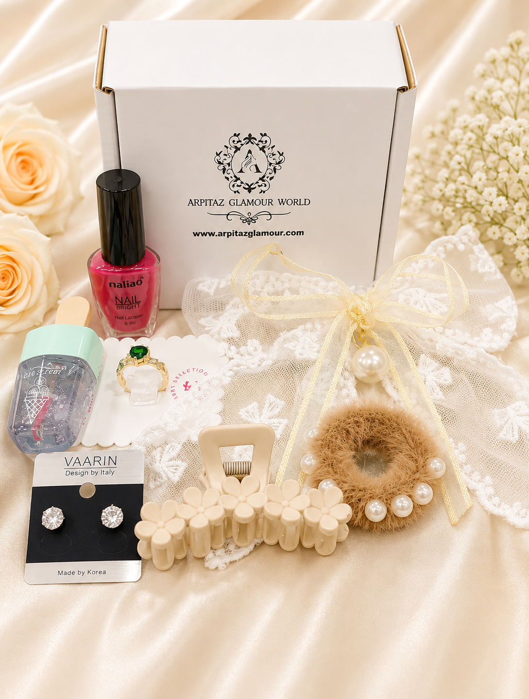 Luxury Beauty & Accessories Gift Hamper Box | Nail Polish, Lip Gloss, Hair Clutch, Clip Earrings & Ring Set