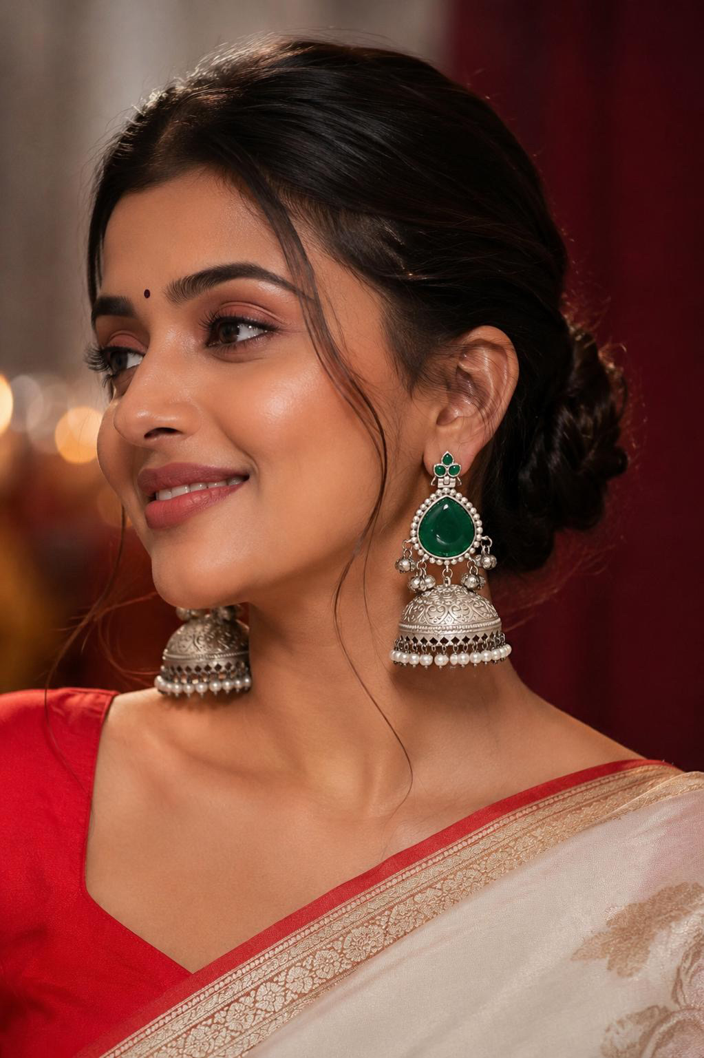 Green Monalisa Stone Silver Look Jhumka Earrings with Pearl Detailing | Traditional Silver Look Earrings for Women