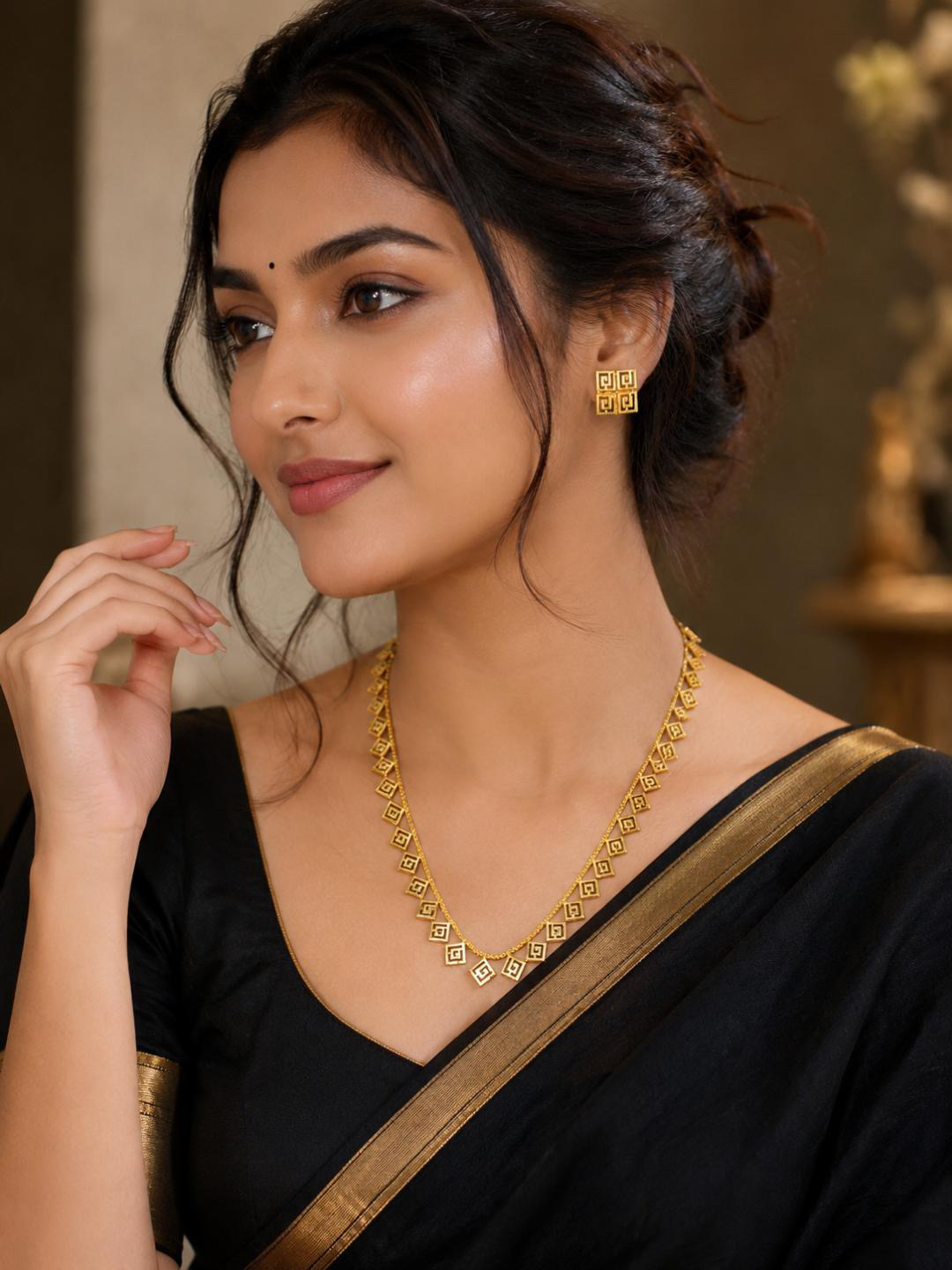 Gold Look Geometric Long Necklace Set with Earrings