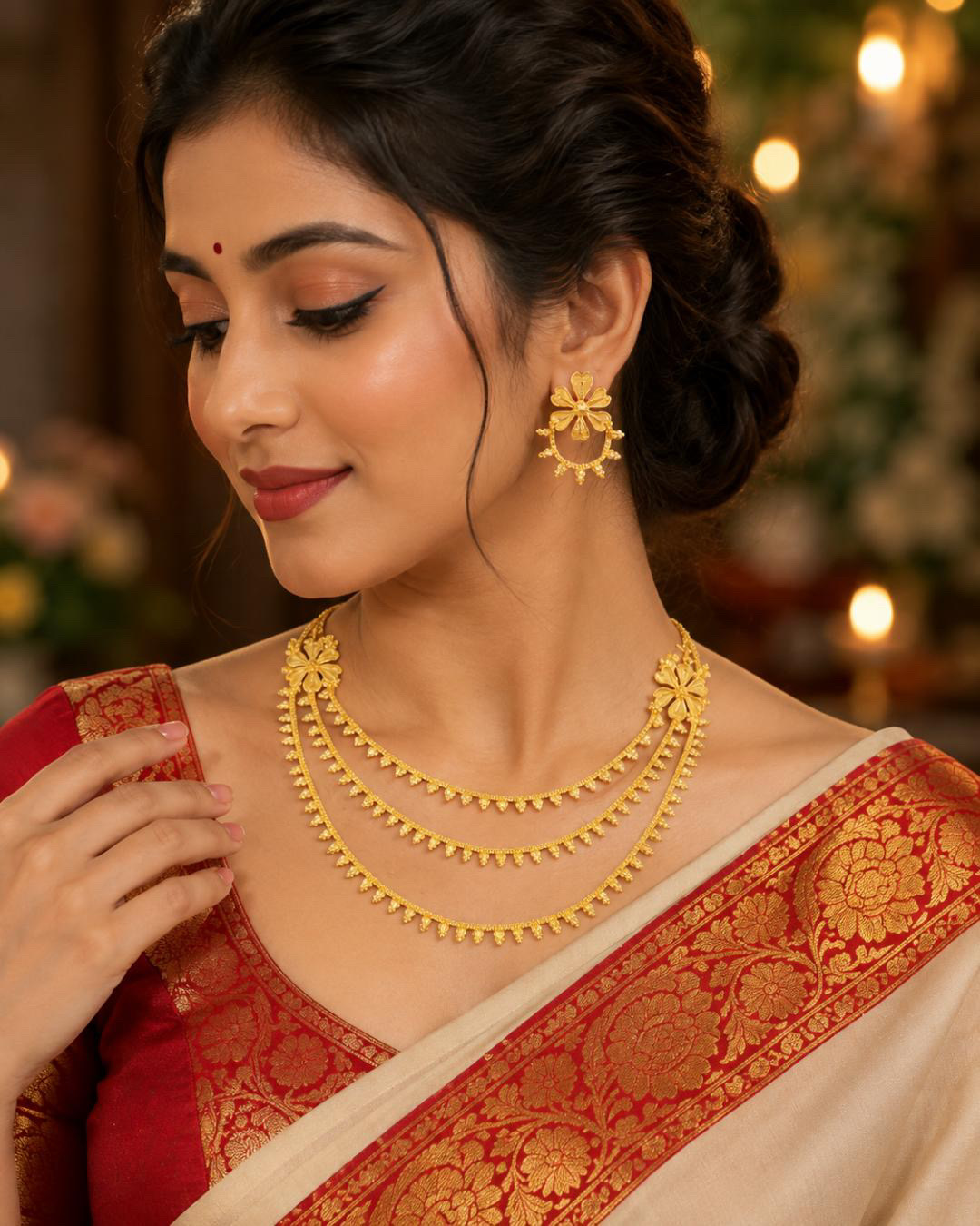 Elegant Gold Look Triple Layer Haar Set with Floral Earrings | Traditional Bridal Jewellery