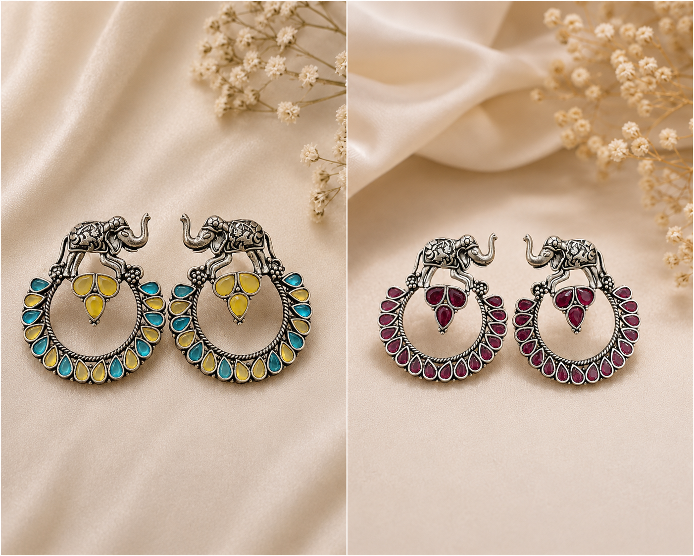 Elephant Motif Silver Look Monalisa Stone Earrings | Oxidised Statement Earrings for Women