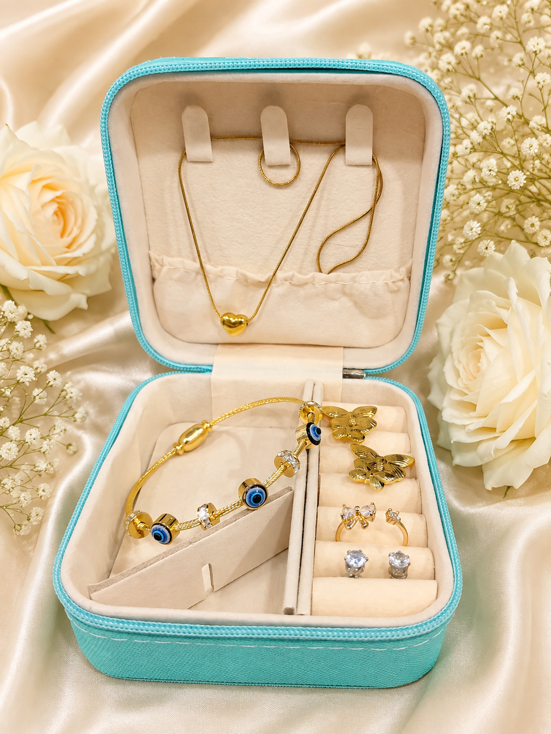 Luxury Jewellery Organizer Gift Hamper Box | Anti Tarnish Chain Pendant, Bracelet, Ring & 2 Pair Earrings Set