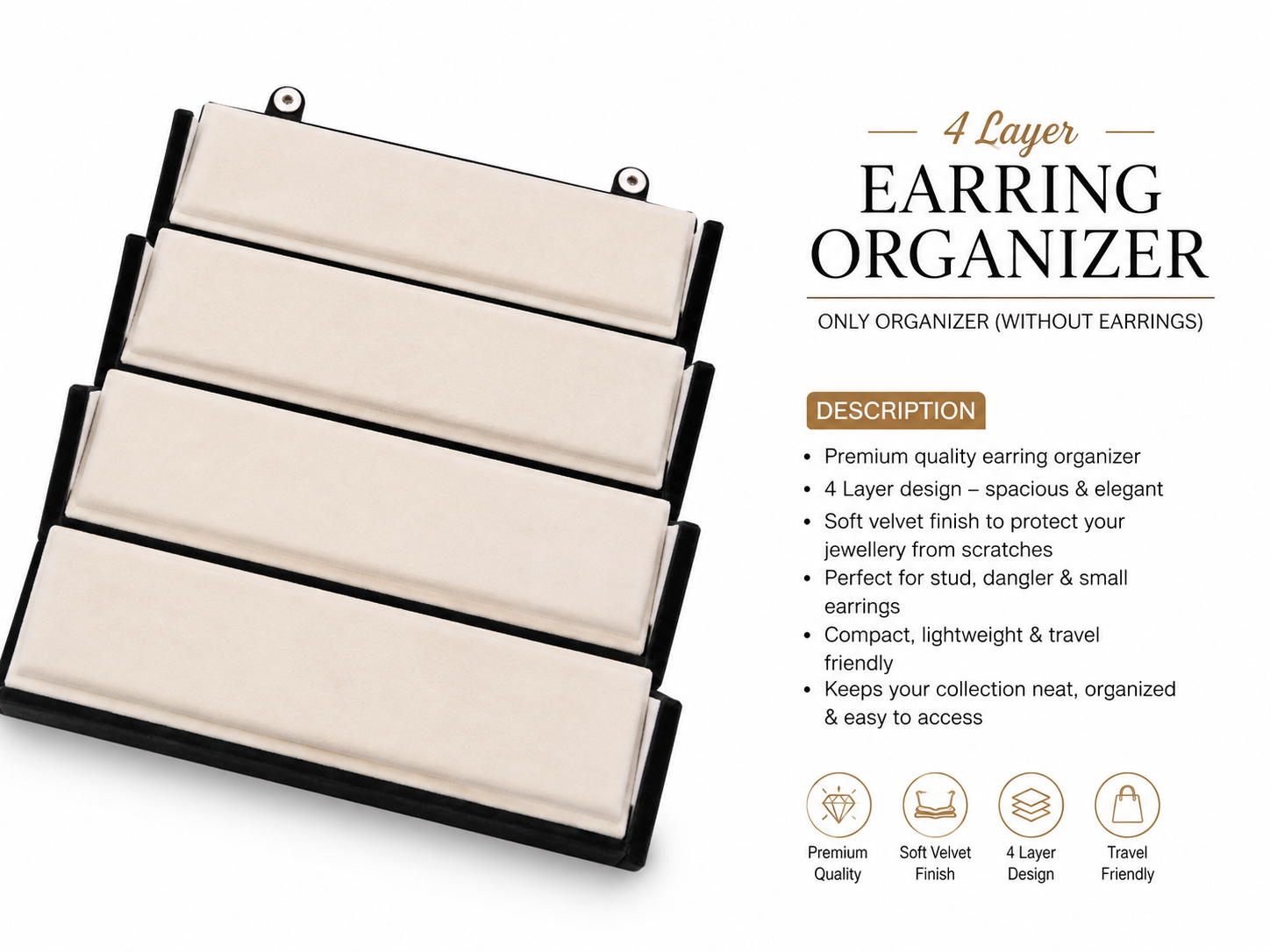 4 Layer Earring Organizer – Premium Velvet Jewellery Storage Box, Without Earrings