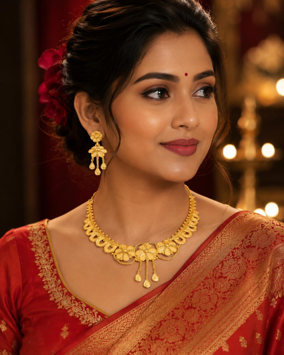 Elegant Gold Look Floral Necklace Set with Matching Earrings | Traditional Party & Bridal Jewellery