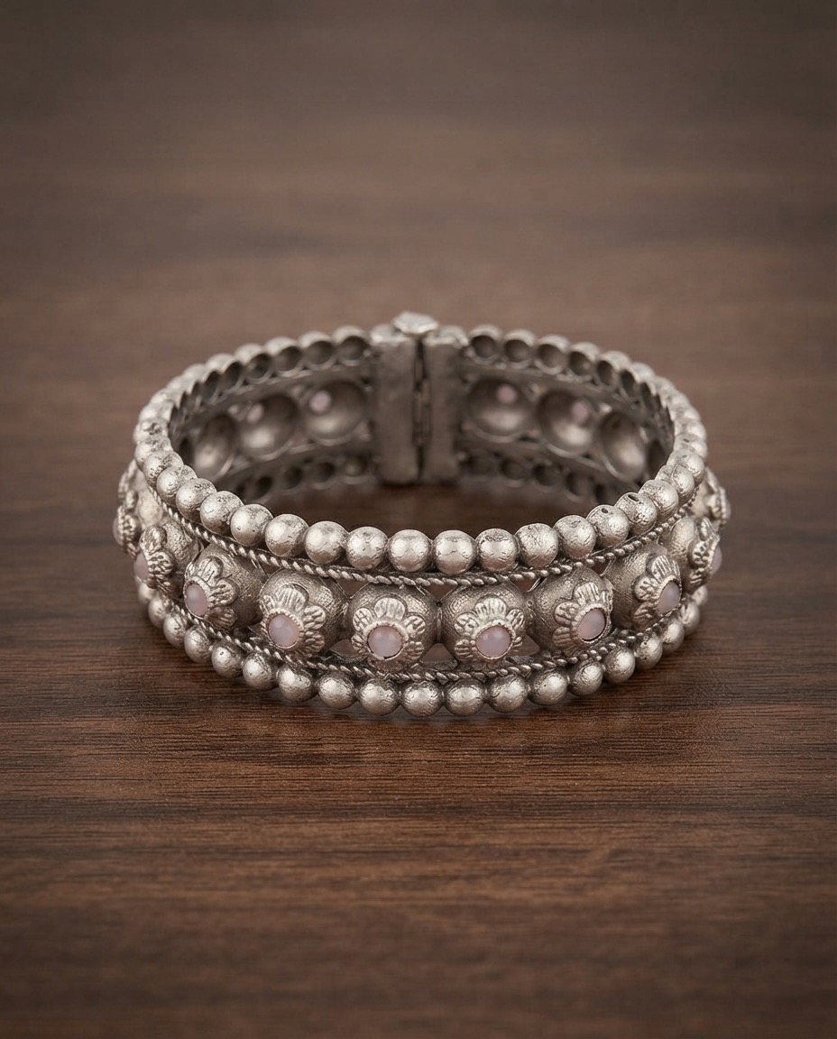 Premium Silver Look Floral Designer Bangle for Women | Antique Kada (1 PC)