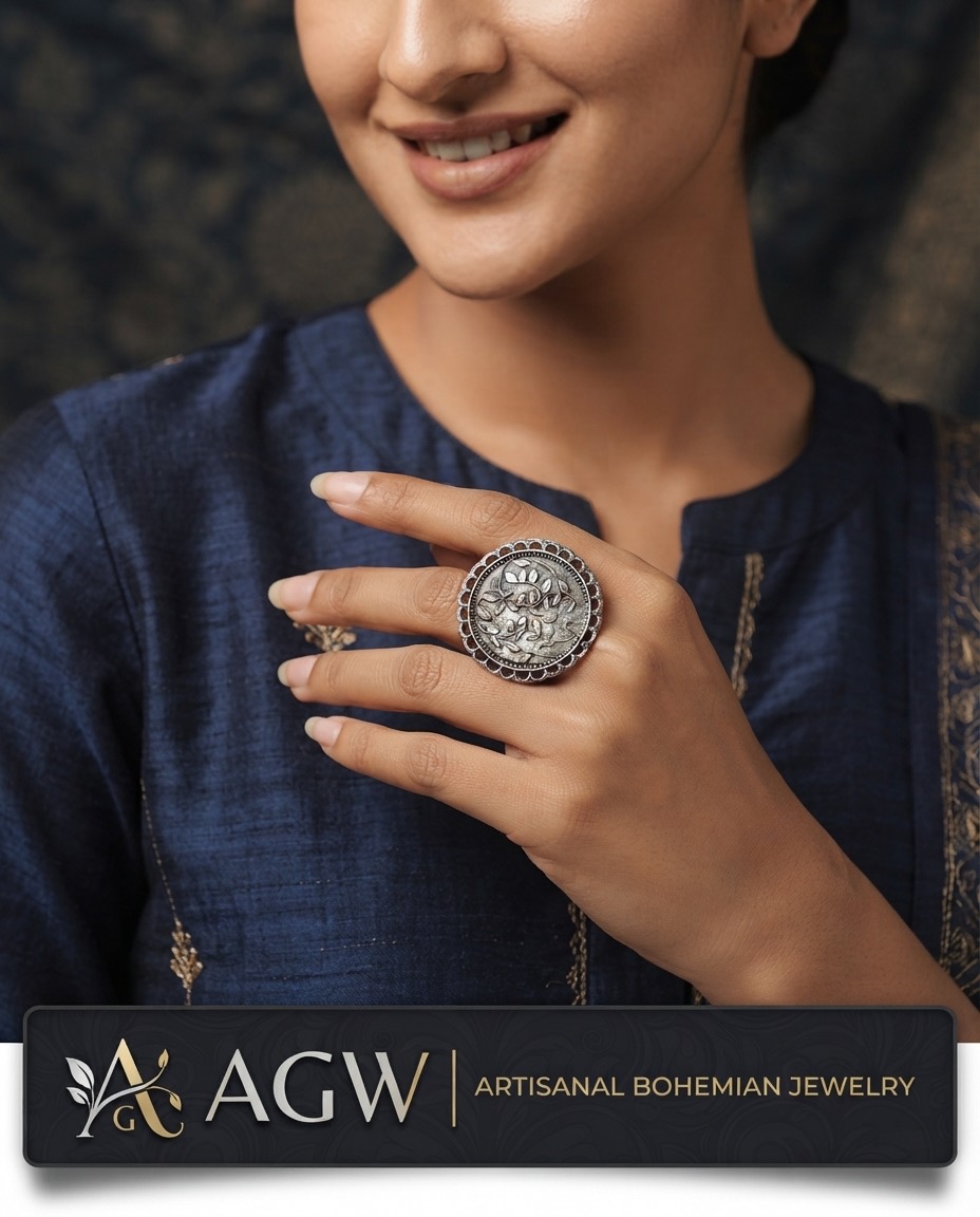 Oxidised Floral Statement Finger Ring for Women
