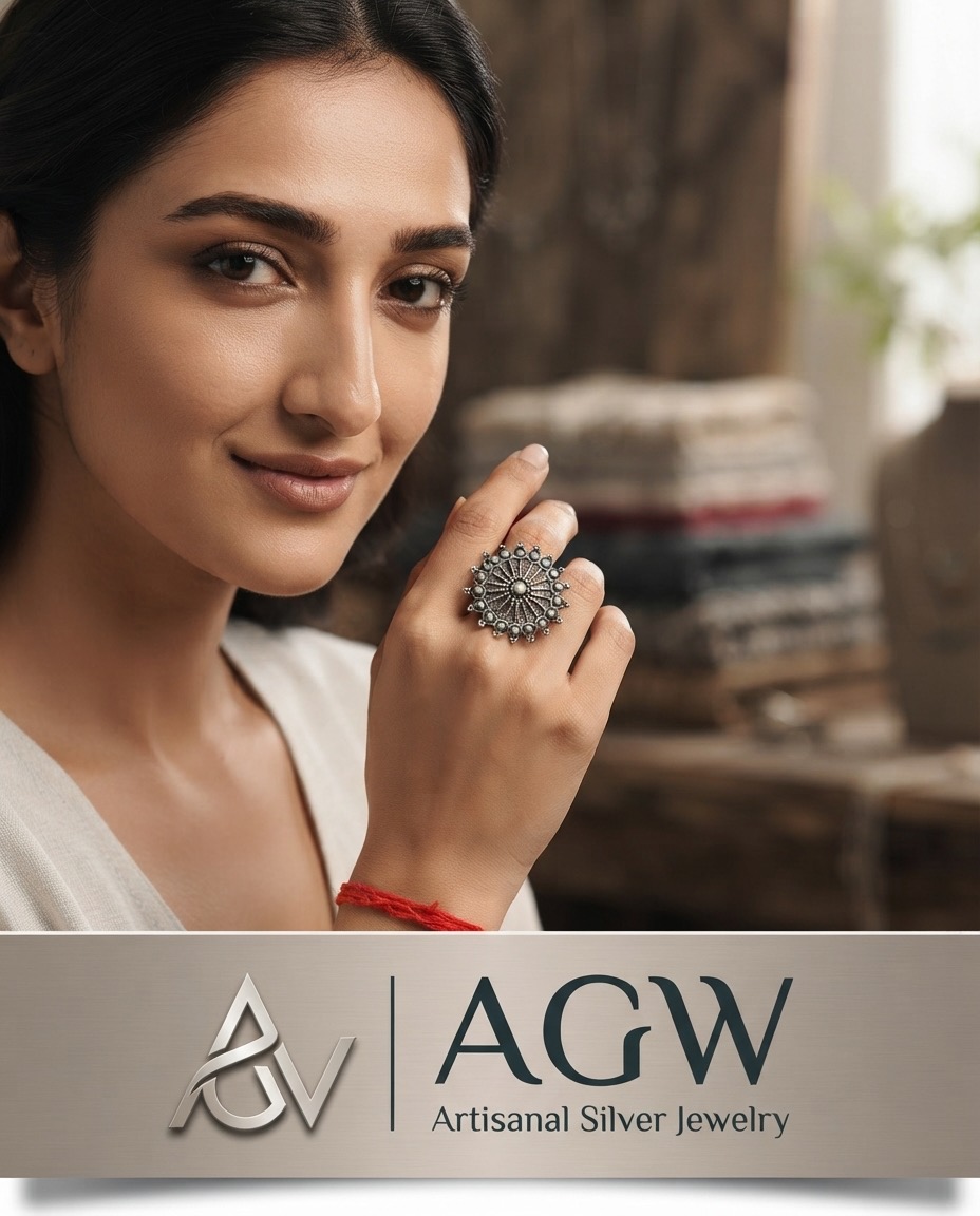 Vintage Oxidised Sunburst Statement Finger Ring | Adjustable Silver Look Ring