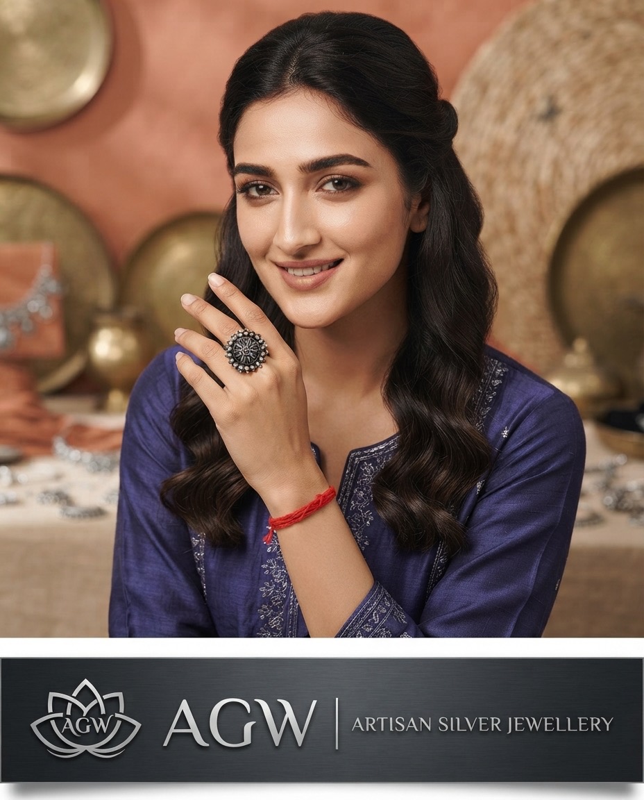 Oxidised Floral Statement Finger Ring | Adjustable Silver Look Ring for Women