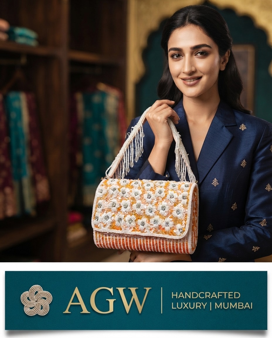 Luxury Handcrafted Floral Ston & Bead Clutch Bag | Premium Party & Bridal Handbag