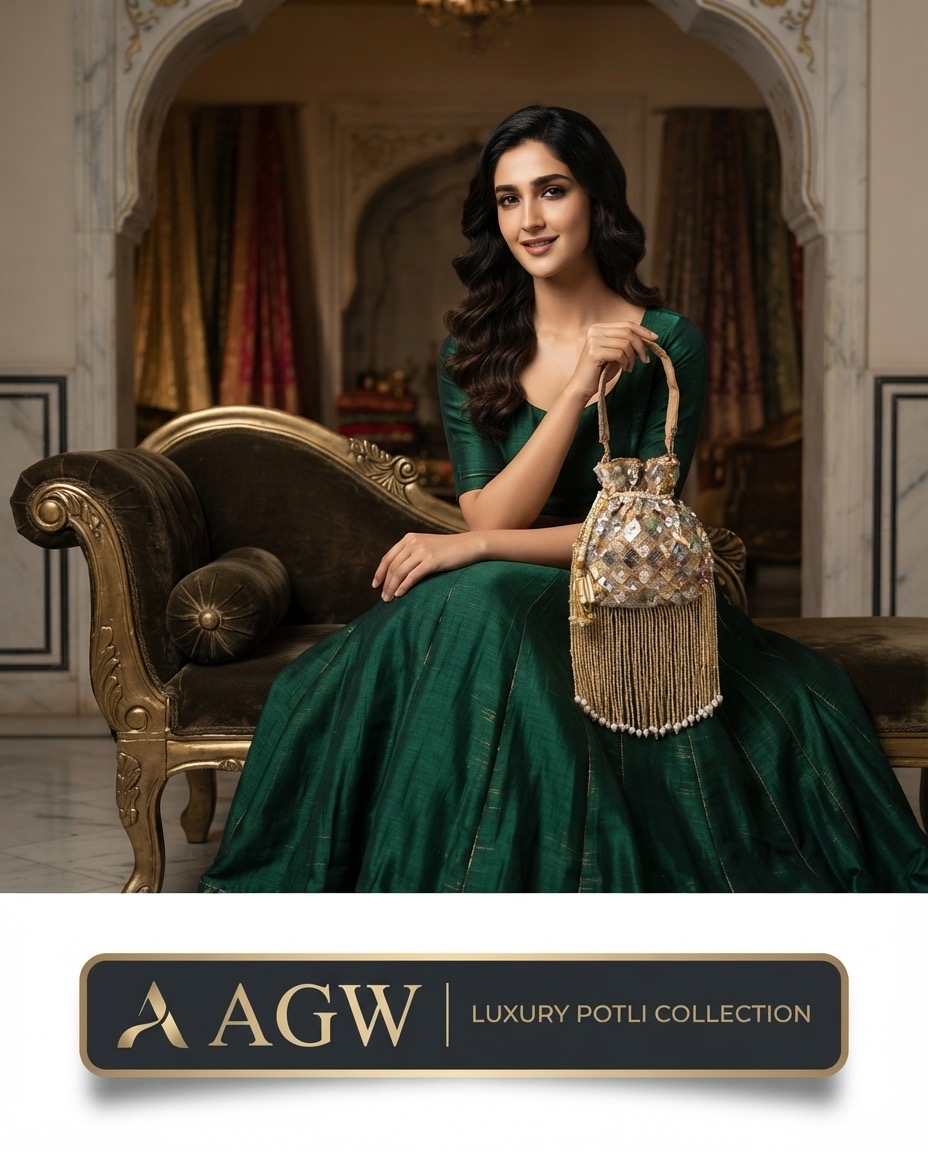 Luxury Sequin & Moti Handwork Potli Bag with Pearl Tassels