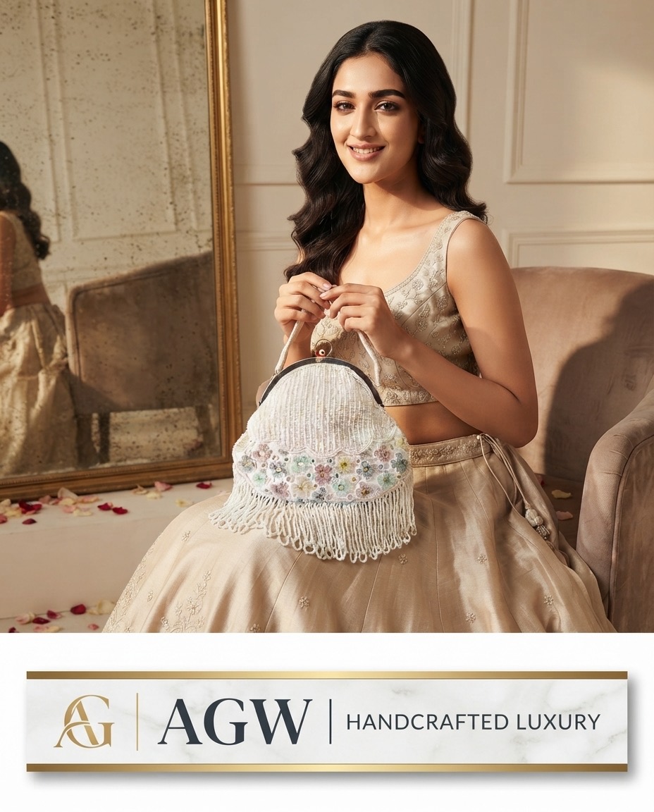 Luxury White Floral Beaded Fringe Clutch Bag | Handcrafted Bridal & Party Handbag