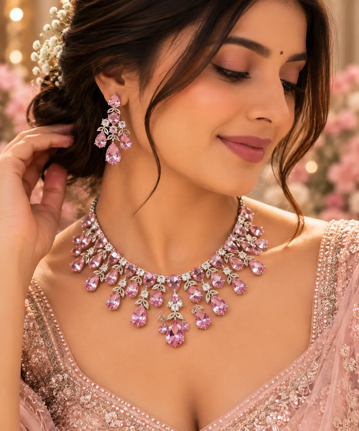 Pink Teardrop AD Necklace Set with Matching Earrings