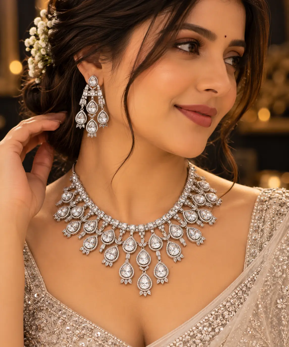 Elegant Teardrop AD Necklace Set with Matching Earrings