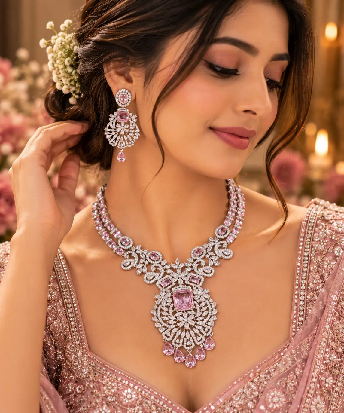 Elegant Pink AD Necklace Set with Matching Earrings