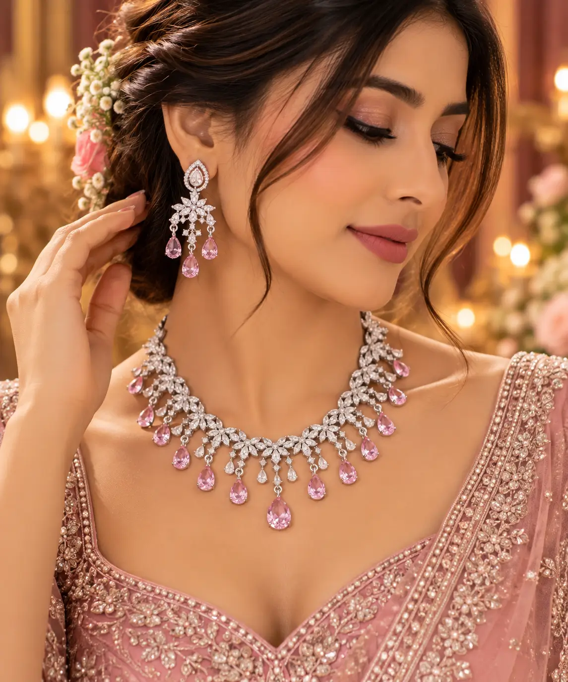 Elegant Pink Stone Floral AD Necklace Set with Matching Earrings