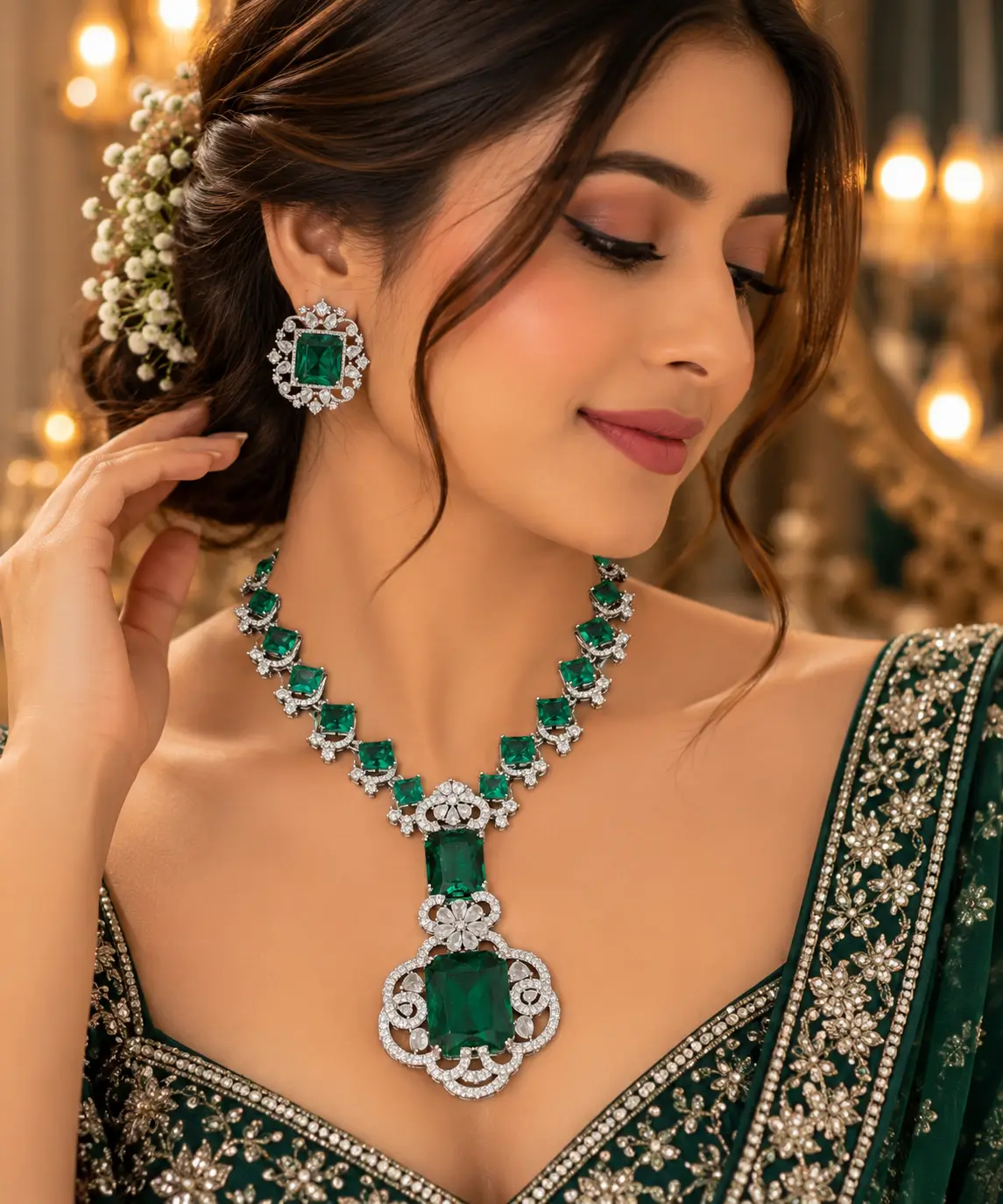 Elegant Emerald Green AD Necklace Set with Statement Pendant & Earrings