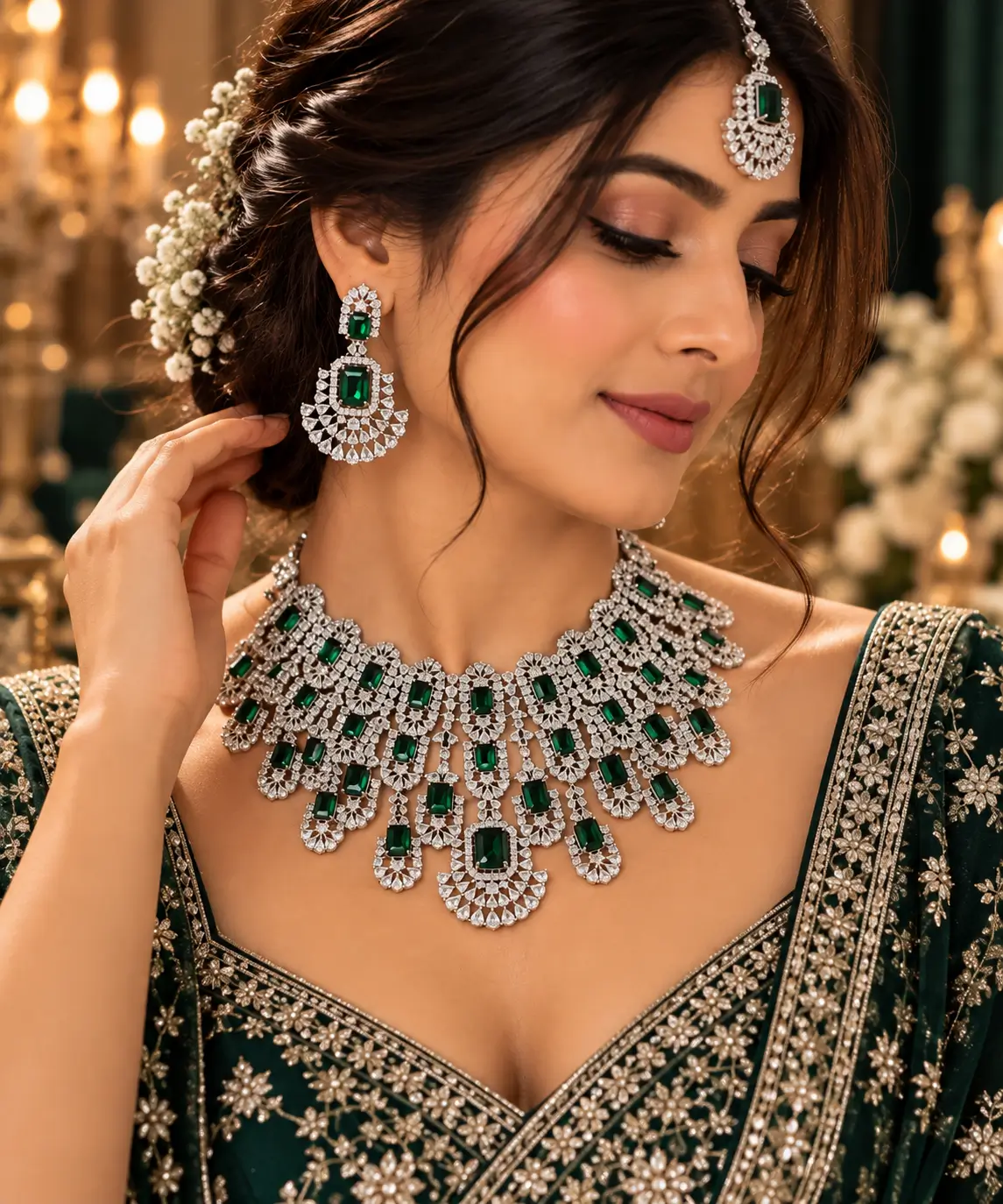 Royal Emerald Green AD Necklace Set with Earrings & Maang Tikka