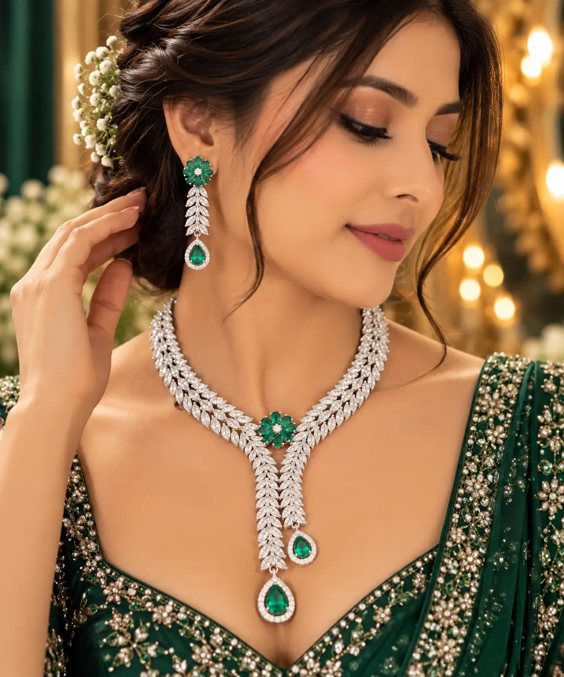 Emerald Green Leaf Cascade AD Necklace Set