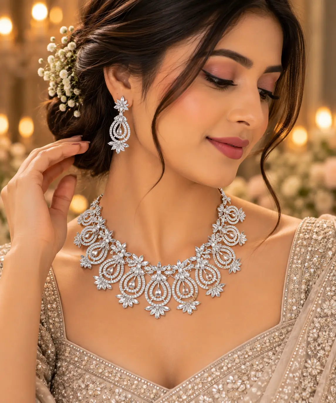 Elegant AD Stone Floral Teardrop Necklace Set with Matching Earrings