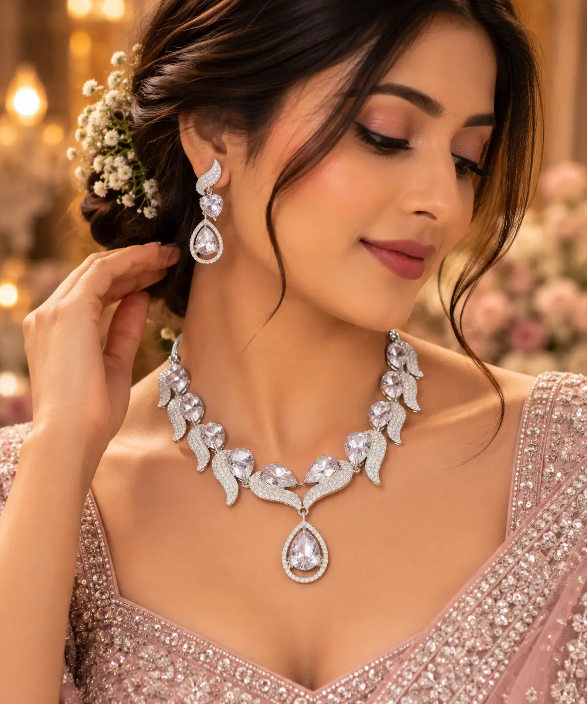 Elegant AD Stone Leaf Design Necklace Set with Matching Earrings