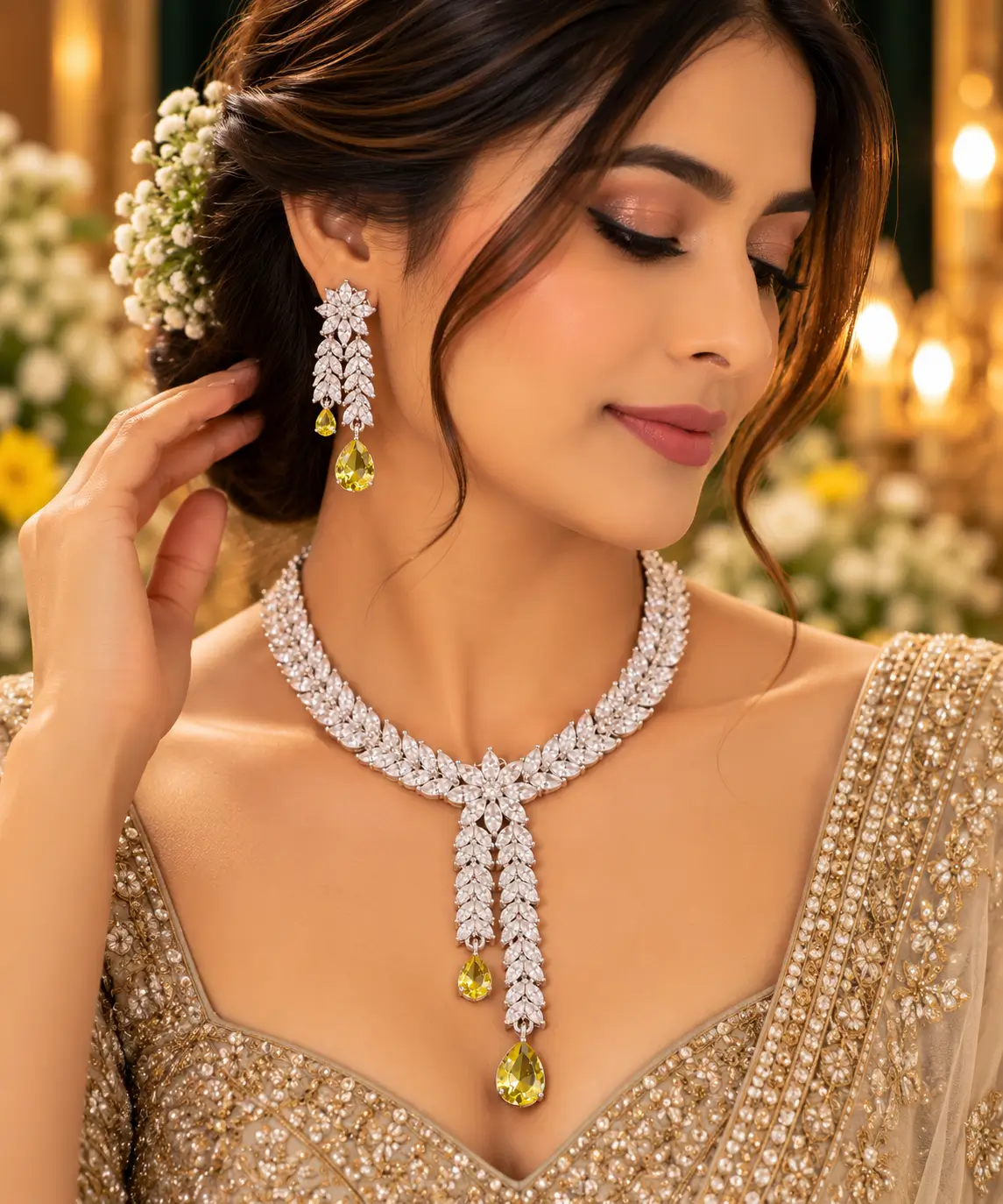 Elegant Leaf Cascade Yellow Stone Necklace Set