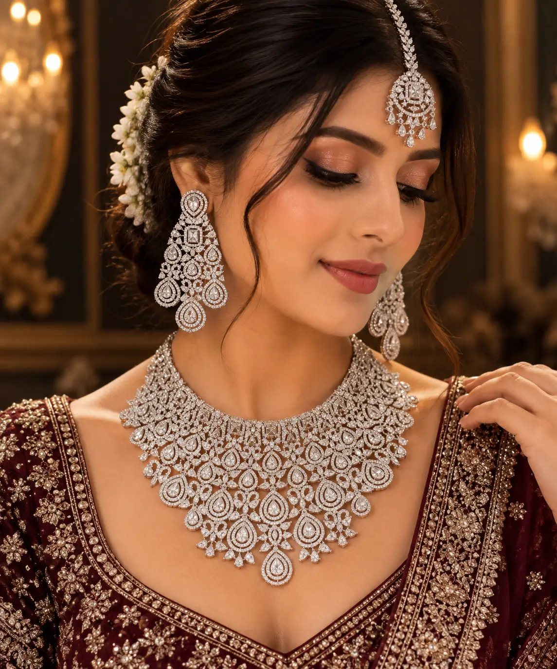 Luxury AD Bridal Necklace Set with Matching Earrings & Maang Tikka